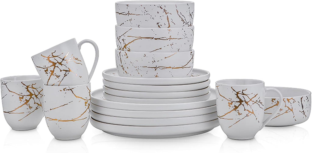 Stone Lain Porcelain 32 Piece Dinnerware set, 8 Full White Gold Splash Sets