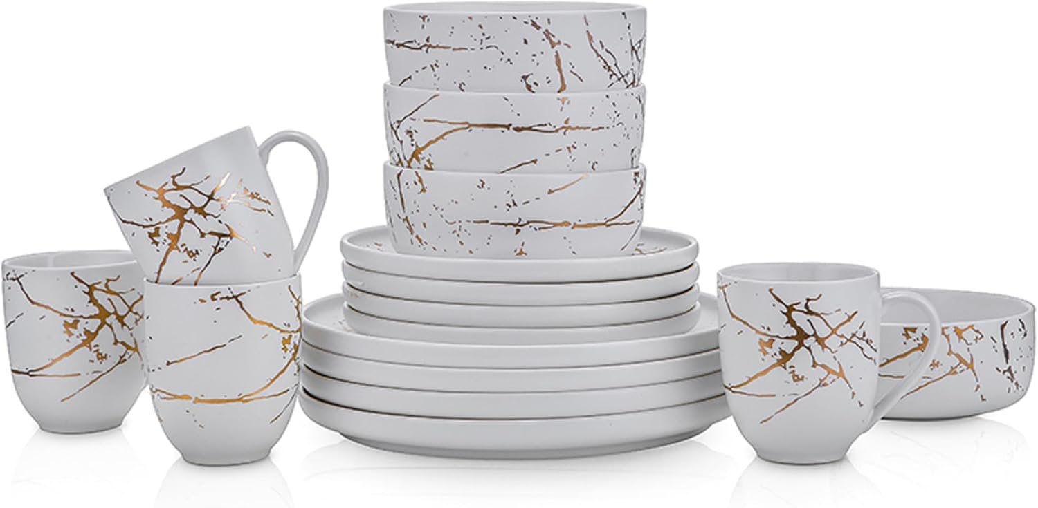 Stone Lain Porcelain 32 Piece Dinnerware set, 8 Full White Gold Splash Sets