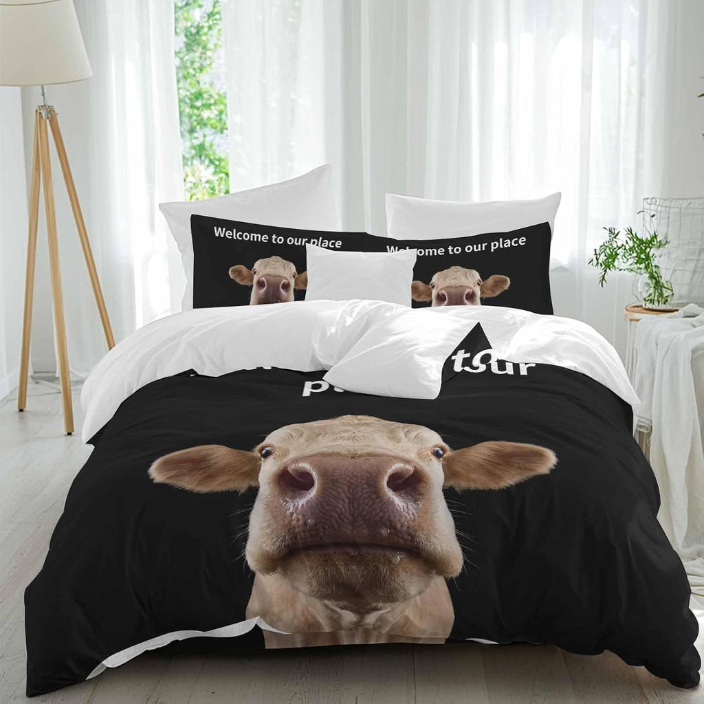 Prime Leader Funny Cow Duvet Cover Set Queen Size 4 Pieces Welcome to Our Place Abstract Animal Bedding Set with Zipper Closure, 1 Comforter Cover 92x106 Inches 1 Flat Sheet & 2 Pillow Cases