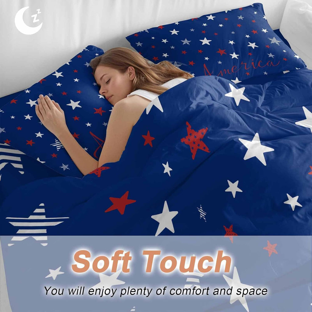 Independence Day Duvet Cover Set Queen Size 4 Pieces Blue White Pentagram America Blue Background Bedding Set with Zipper Closure, 1 Comforter Cover 90x92 Inches 1 Flat Sheet & 2 Pillow Cases