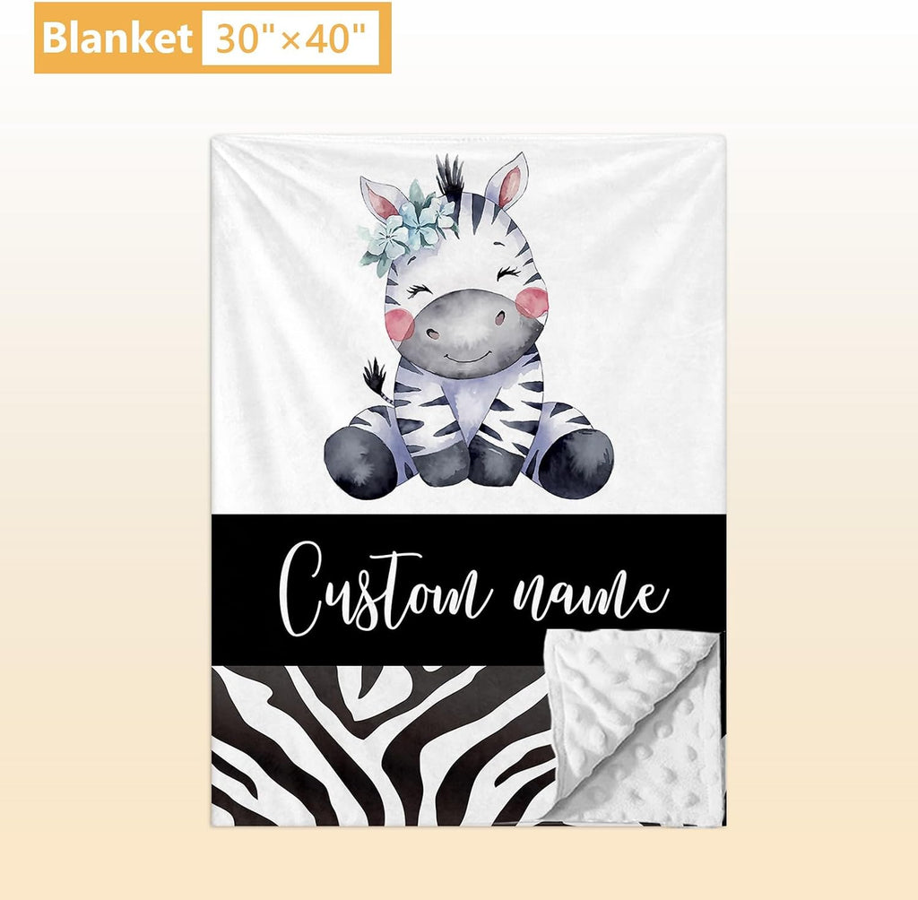 Terwex Personalized Baby Crib Bedding Set, 5 Pcs Custom Name Nursery Bedding Set, Striped Zebra Baby Bedding Set for Girls Boys, Double Layer Flannel Baby Crib Set, Toddlers Infants Customized Gifts