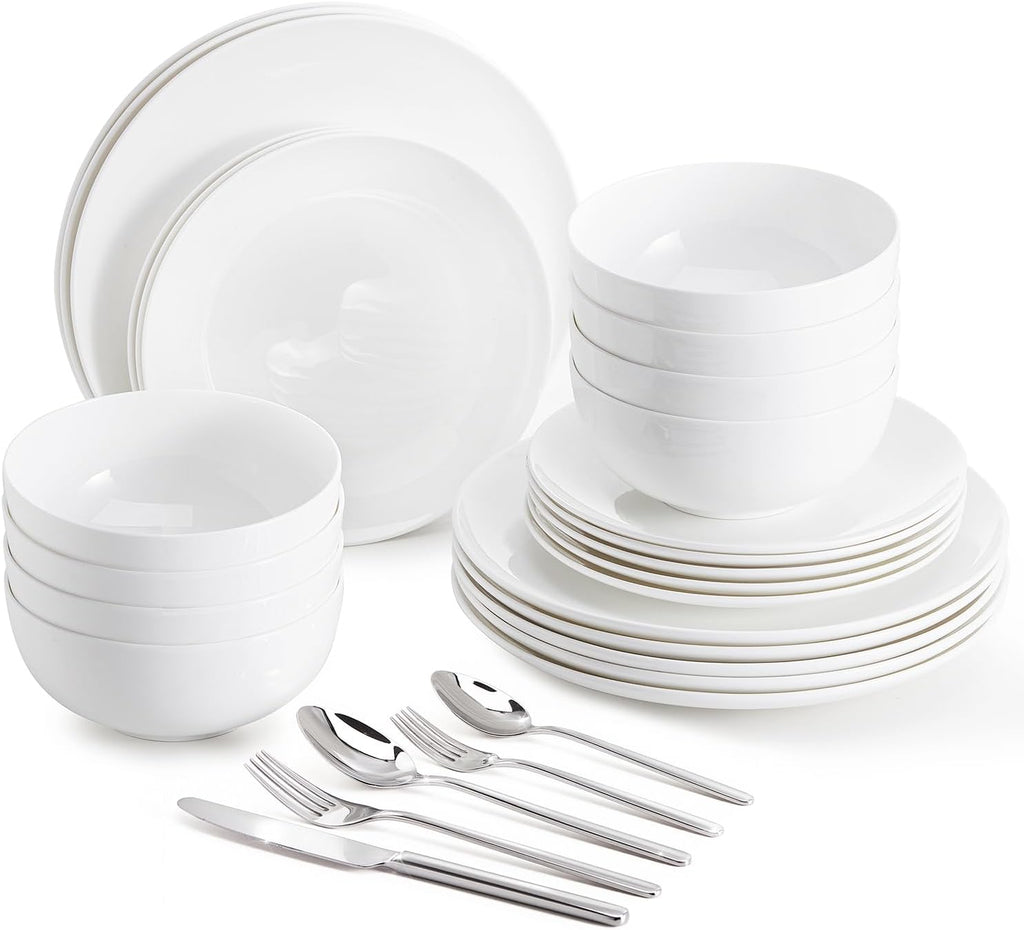KINGSTONE 12-Piece Bone China Dinnerware Set with 20-Piece flatware, Ivory White Lightweight Porcelain Service for 4, for Family Dining, Restaurants, Gifting, Microwave and Dishwasher Safe