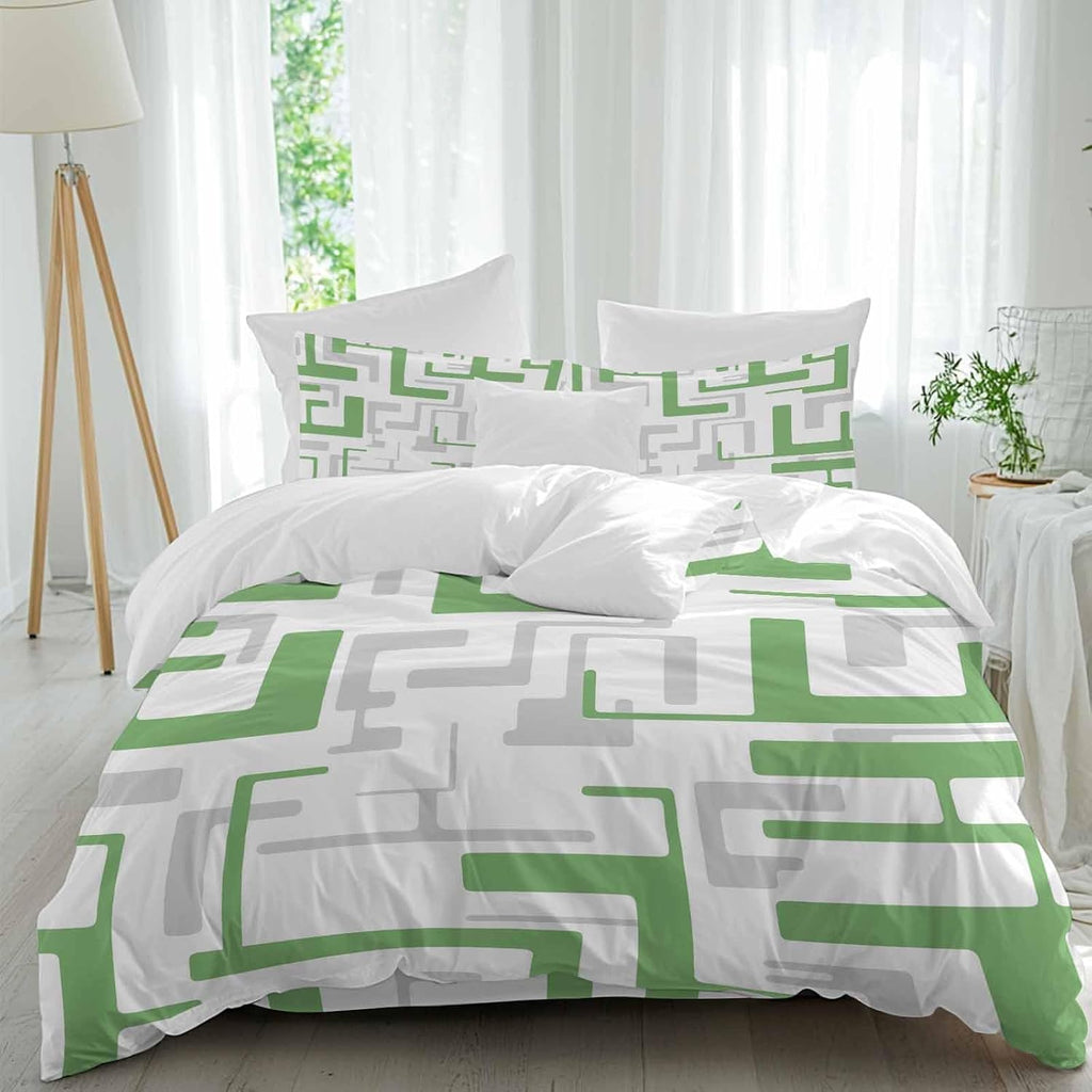 Prime Leader Green Gray Geometric Stripes Duvet Cover Set Queen Size 4 Pieces Modern Abstract Lines Maze Bedding Set with Zipper Closure, 1 Comforter Cover 92x106 Inches 1 Flat Sheet & 2 Pillow Cases