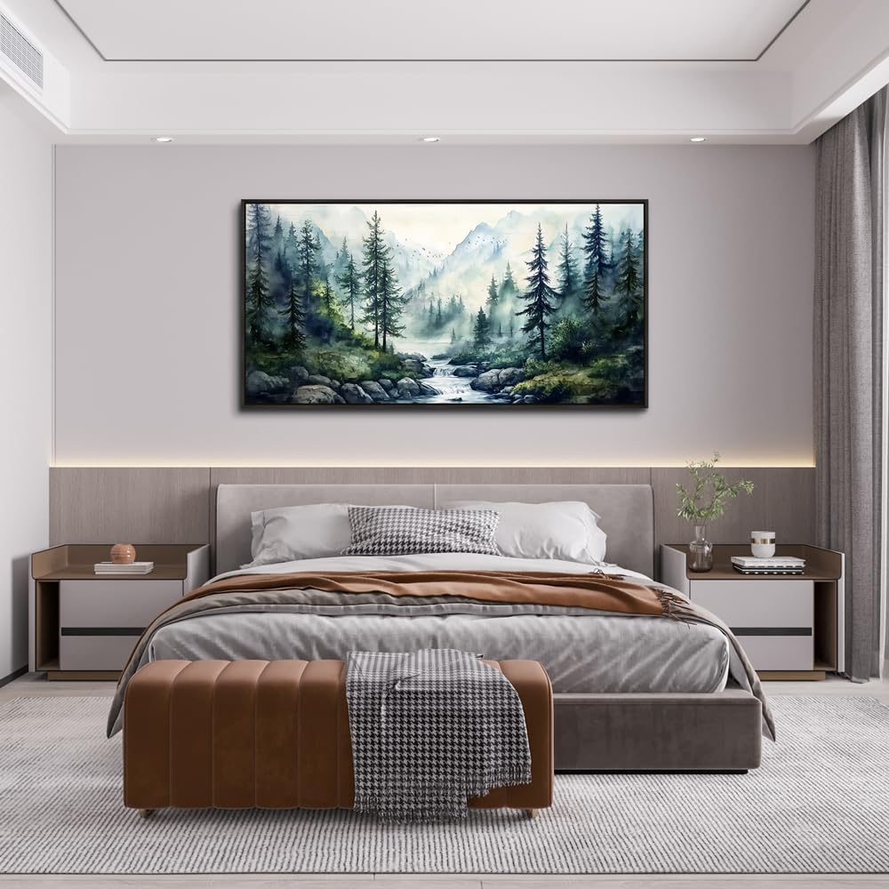 ZUITINGHUA Large Black Framed Wall Decor For Living Room Canvas Wall Art For Office Modern Wall Decorations For Bedroom Misty Forest Painting Tree landscape Pictures Artwork Home Decor 24x48 In