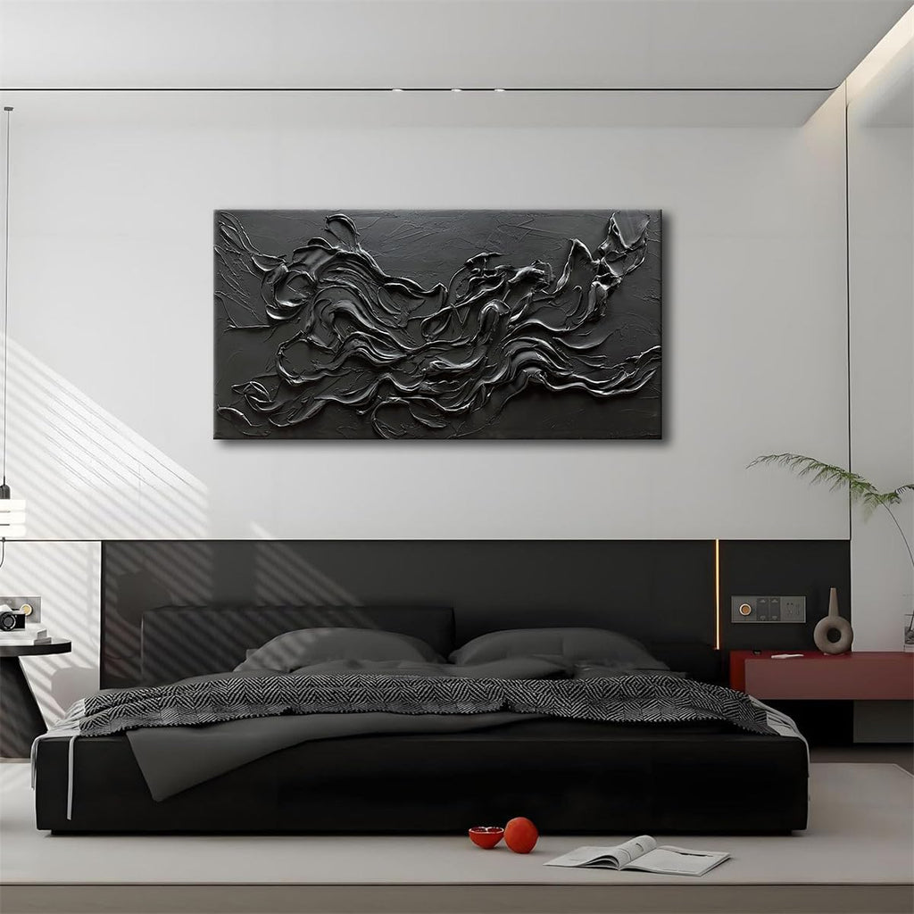 zoinart Hand Painted Large Black Wall Art 30'x60' Thick Texture Minimalist Oil Paintings Contemporary Art Oil on Canvas Abstract Textured Wall Art Pure Black Wall Art