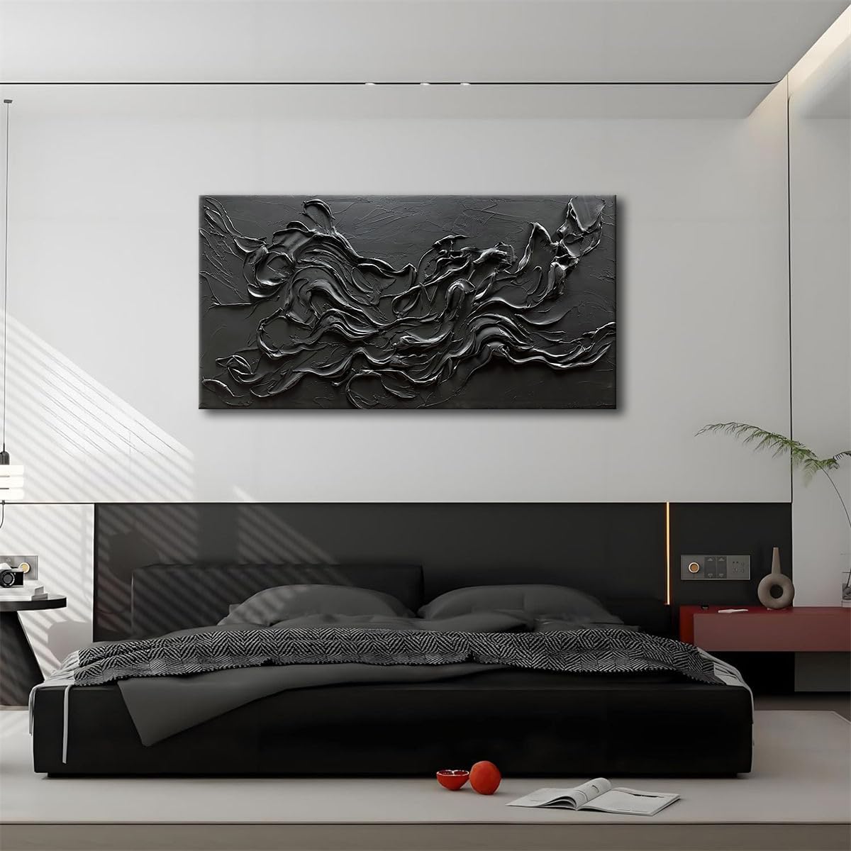 zoinart Hand Painted Large Black Wall Art 30'x60' Thick Texture Minimalist Oil Paintings Contemporary Art Oil on Canvas Abstract Textured Wall Art Pure Black Wall Art