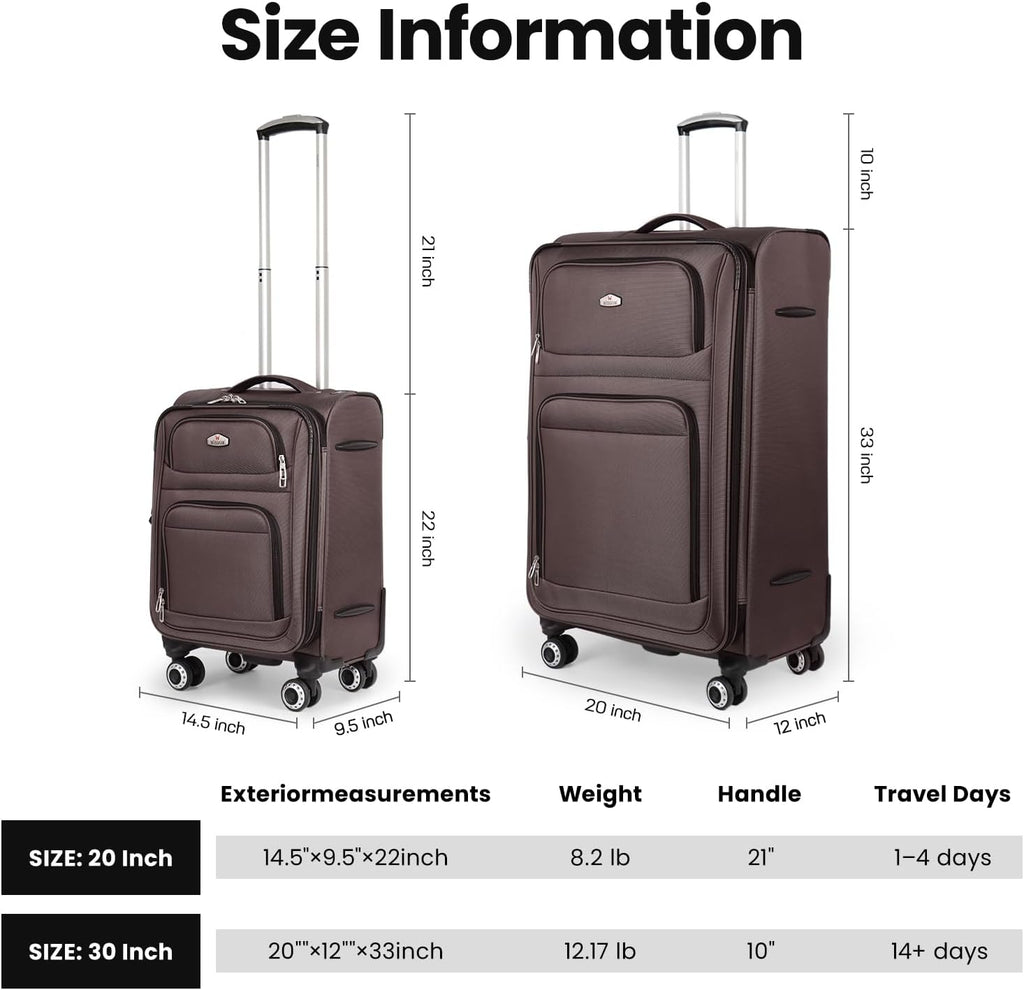 Softside Luggage Sets 2 Piece,Expandable15% Lightweight Durable Suitcase Sets Double Spinner Wheels & w/Combination LOCK（Coffee,20in/30in）