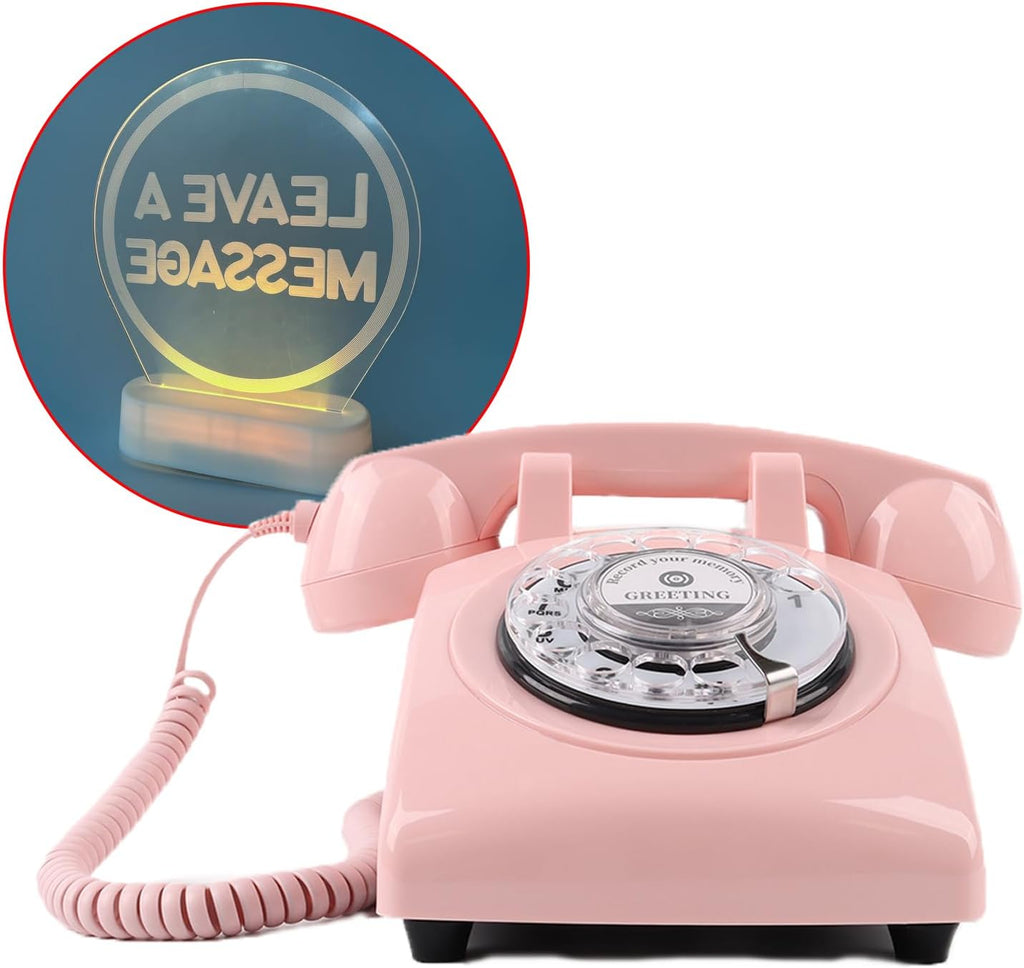 Premium Audio Guest Book Telephone with Free LED Wedding Sign | Vintage and Retro Style Audio Guestbook | Rotary Phone with Audio Record Voice Messages (Pink)