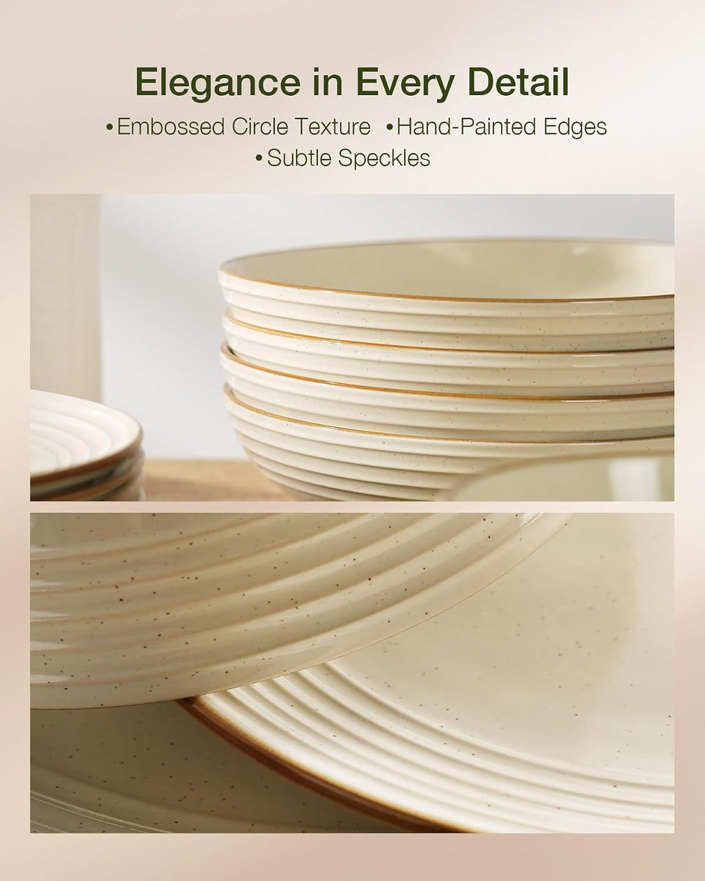 Famiware Jupiter 18-Piece Stoneware Dinnerware Sets for 6 – Handcrafted Plates and Bowls with Speckles & Embossed Swirls, Chip & Scratch Resistant, Modern Dishes for Daily & Formal Use, Vanilla White