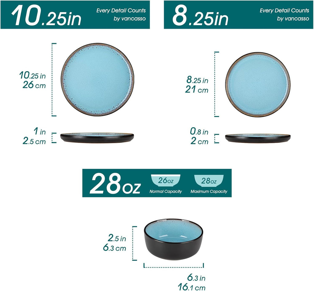 vancasso Plates and Bowls Sets, 18 Pieces Stoneware Dinnerware Sets for 6, Kitchen Dish Set Mircowave and Dishwasher Safe Ceramic Dishware, Blue, Series AMBER