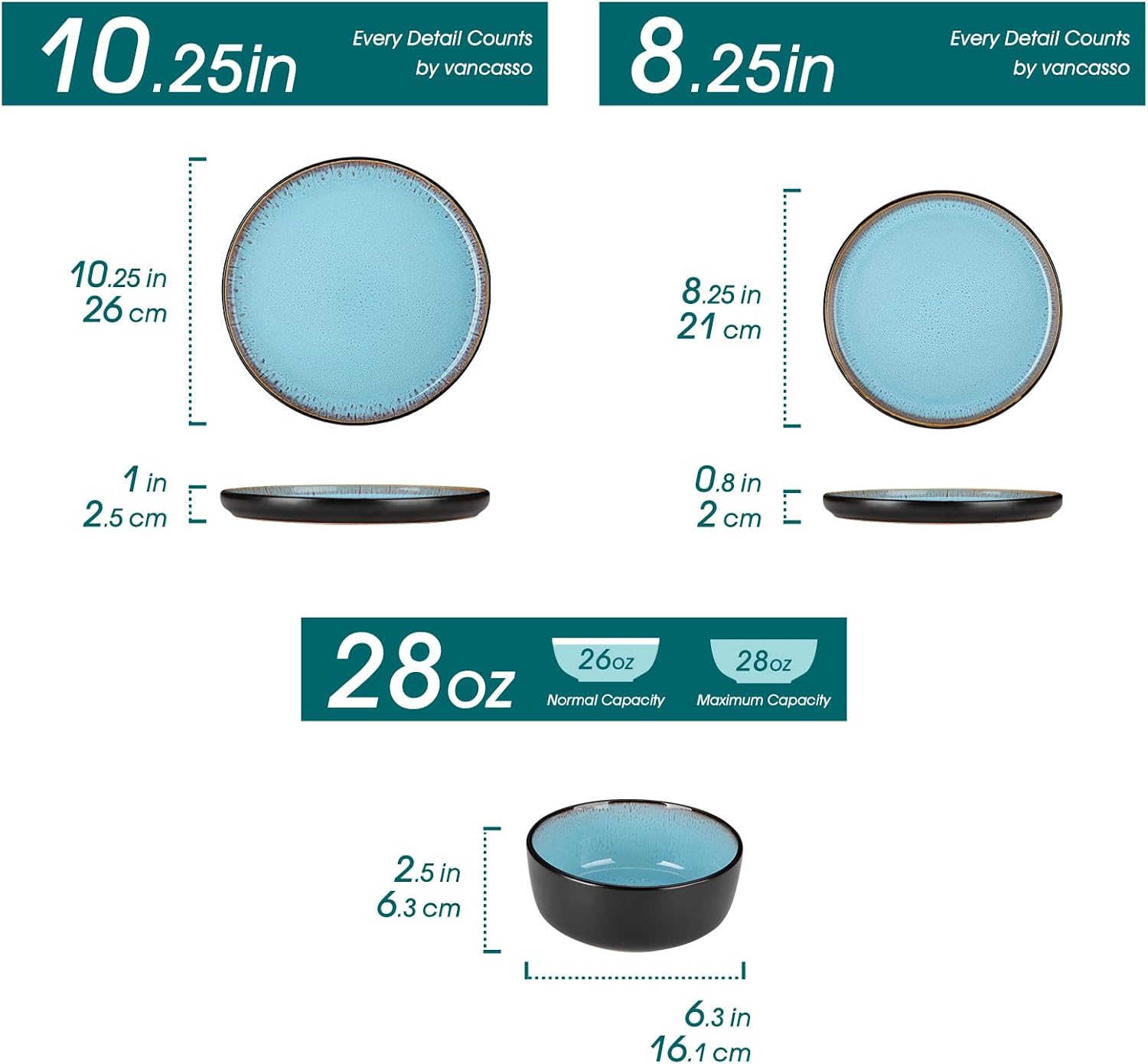 vancasso Plates and Bowls Sets, 18 Pieces Stoneware Dinnerware Sets for 6, Kitchen Dish Set Mircowave and Dishwasher Safe Ceramic Dishware, Blue, Series AMBER