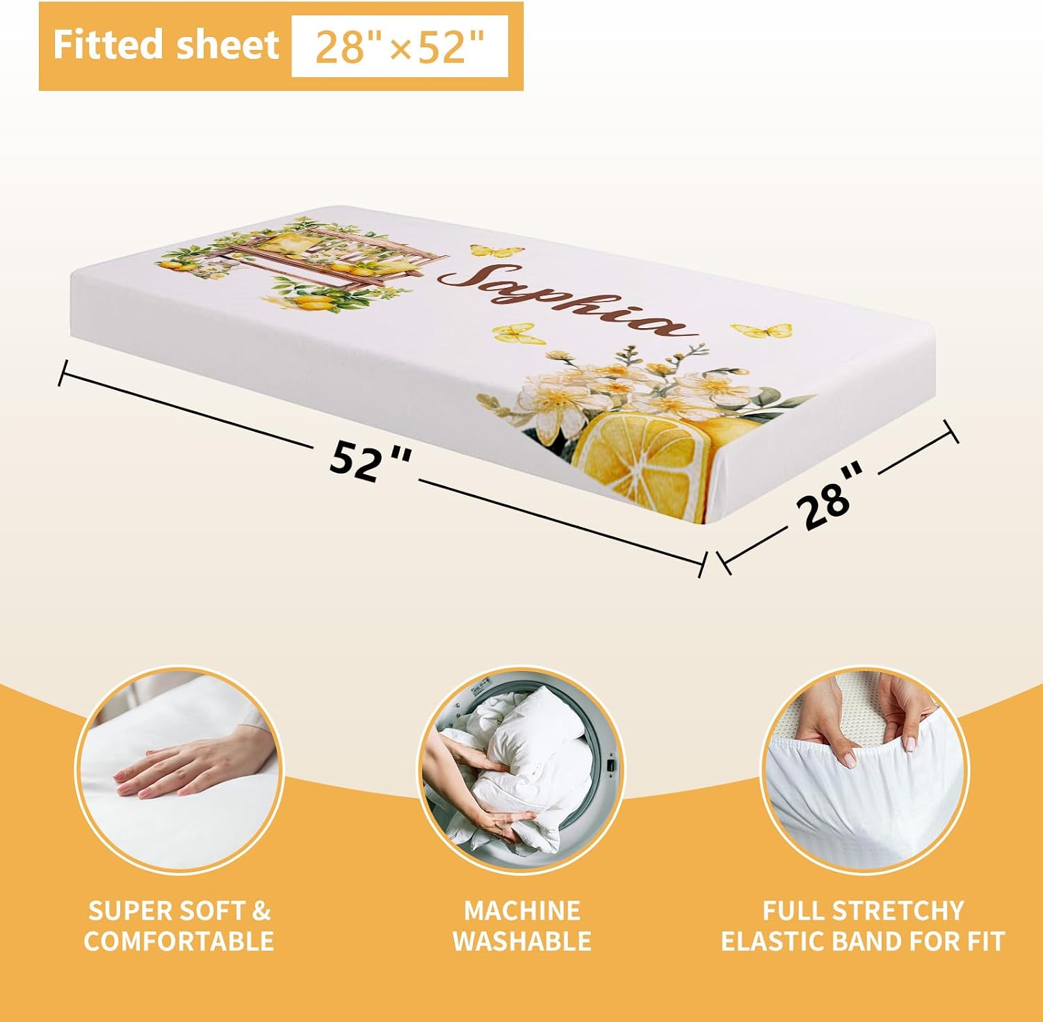 Terwex Personalized Baby Crib Bedding Set, 5 Pcs Custom Name Nursery Bedding Set, Lemon Tea Baby Bedding Set for Girls Boys, Double Layer Flannel Baby Crib Set, Toddlers Kids Infants Customized Gifts