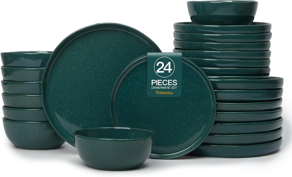 FOBENTA 24-Piece Ceramic Dinnerware Set,Moss Green Plates and Bowls Set for 8 – Naturally Elegant Dish Set for Serene Hosting & Everyday Harmony