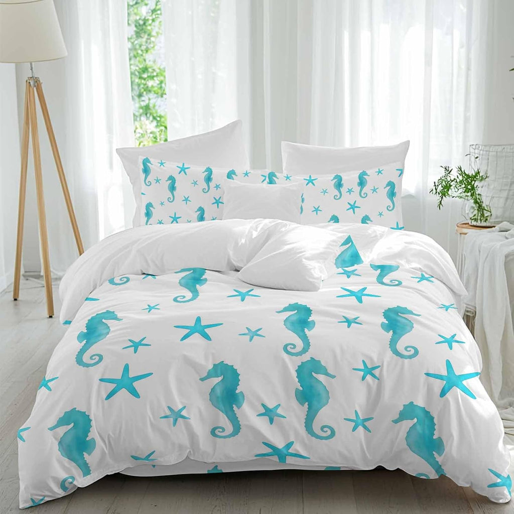 Turquoise Marine Life Duvet Cover Set Queen Size 4 Pieces Summer Seahorse and Starfish Ocean Bedding Set with Zipper Closure, 1 Comforter Cover 92x106 Inches 1 Flat Sheet & 2 Pillow Cases