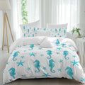 Turquoise Marine Life Duvet Cover Set Queen Size 4 Pieces Summer Seahorse and Starfish Ocean Bedding Set with Zipper Closure, 1 Comforter Cover 92x106 Inches 1 Flat Sheet & 2 Pillow Cases