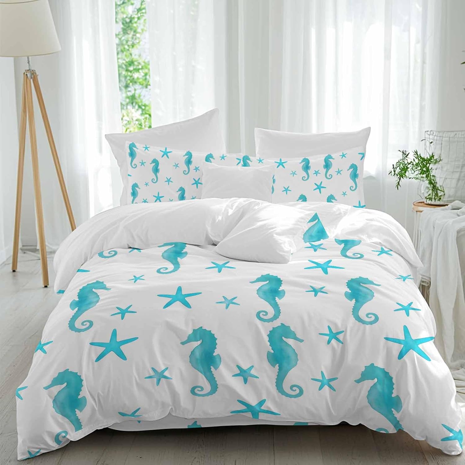 Turquoise Marine Life Duvet Cover Set Queen Size 4 Pieces Summer Seahorse and Starfish Ocean Bedding Set with Zipper Closure, 1 Comforter Cover 92x106 Inches 1 Flat Sheet & 2 Pillow Cases