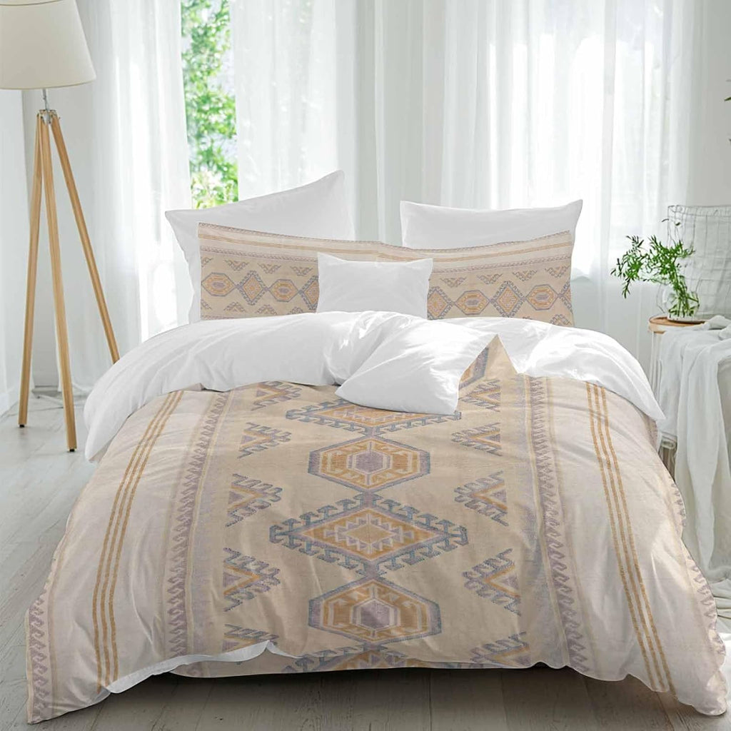 Bohemian Duvet Cover Set Queen Size 4 Pieces Traditional Ethic Pattern Colorful Stripes Geometric Bedding Set with Zipper Closure, 1 Comforter Cover 92x106 Inches 1 Flat Sheet & 2 Pillow Cases