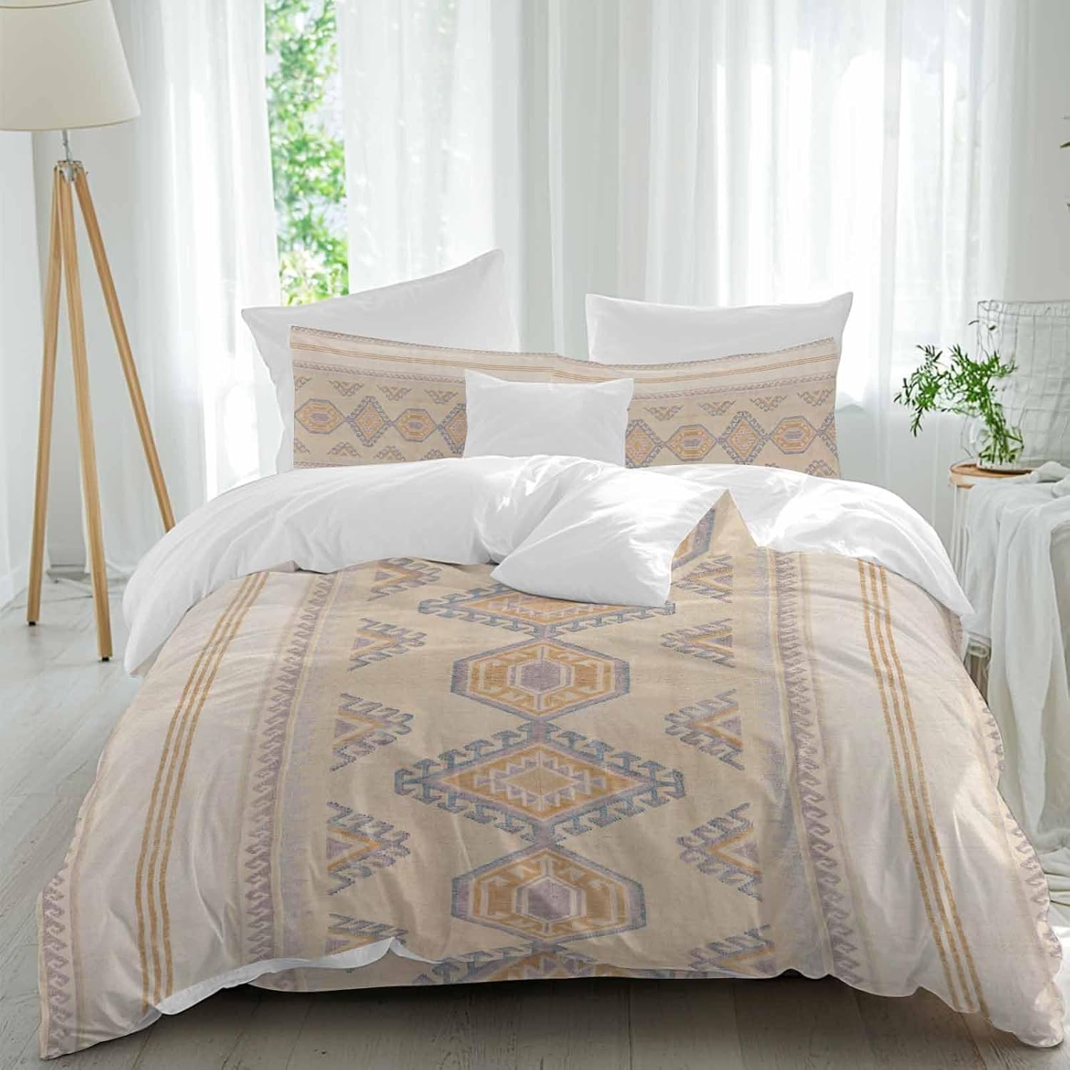 Bohemian Duvet Cover Set Queen Size 4 Pieces Traditional Ethic Pattern Colorful Stripes Geometric Bedding Set with Zipper Closure, 1 Comforter Cover 92x106 Inches 1 Flat Sheet & 2 Pillow Cases