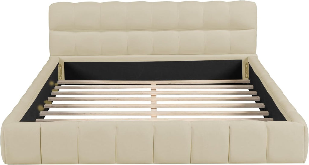 Upholstered Platform Bed, Bed with Square Grid Soft Bag,Platform Bed with Thick Fabric, Grounded Bed with Solid Frame, Queen Size,Beige