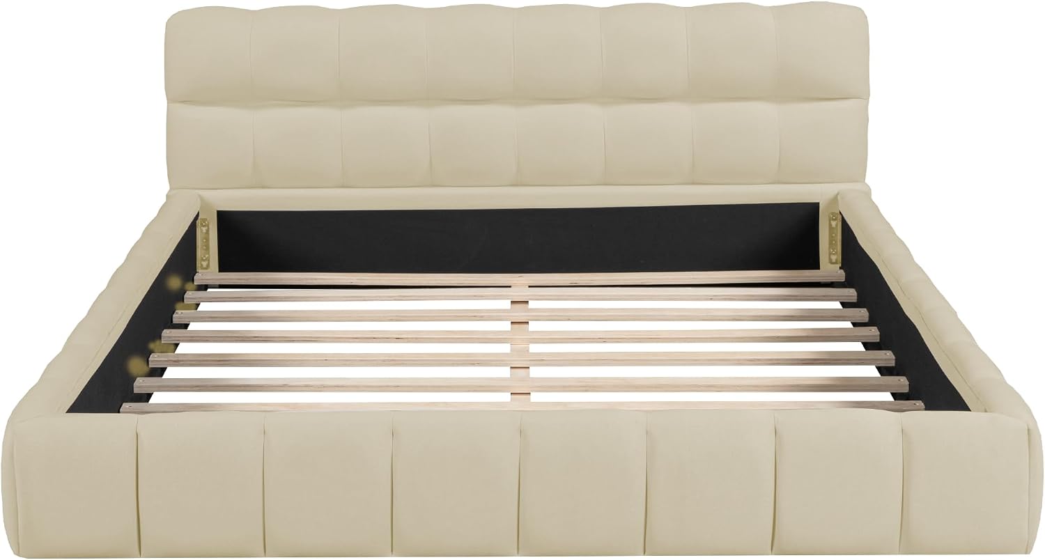 Upholstered Platform Bed, Bed with Square Grid Soft Bag,Platform Bed with Thick Fabric, Grounded Bed with Solid Frame, Queen Size,Beige