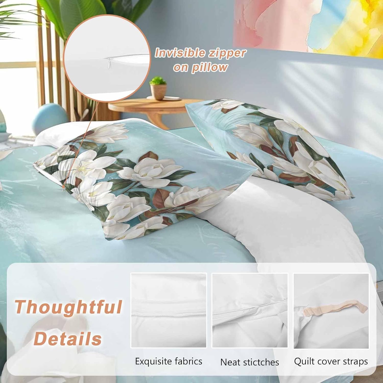 White Floral Duvet Cover Set Queen Size 4 Pieces Spring White Magnolia Vintage Plants Farmhouse Farm Blue Bedding Set with Zipper Closure, 1 Comforter Cover 86x86 Inches 1 Flat Sheet & 2 Pillow Cases