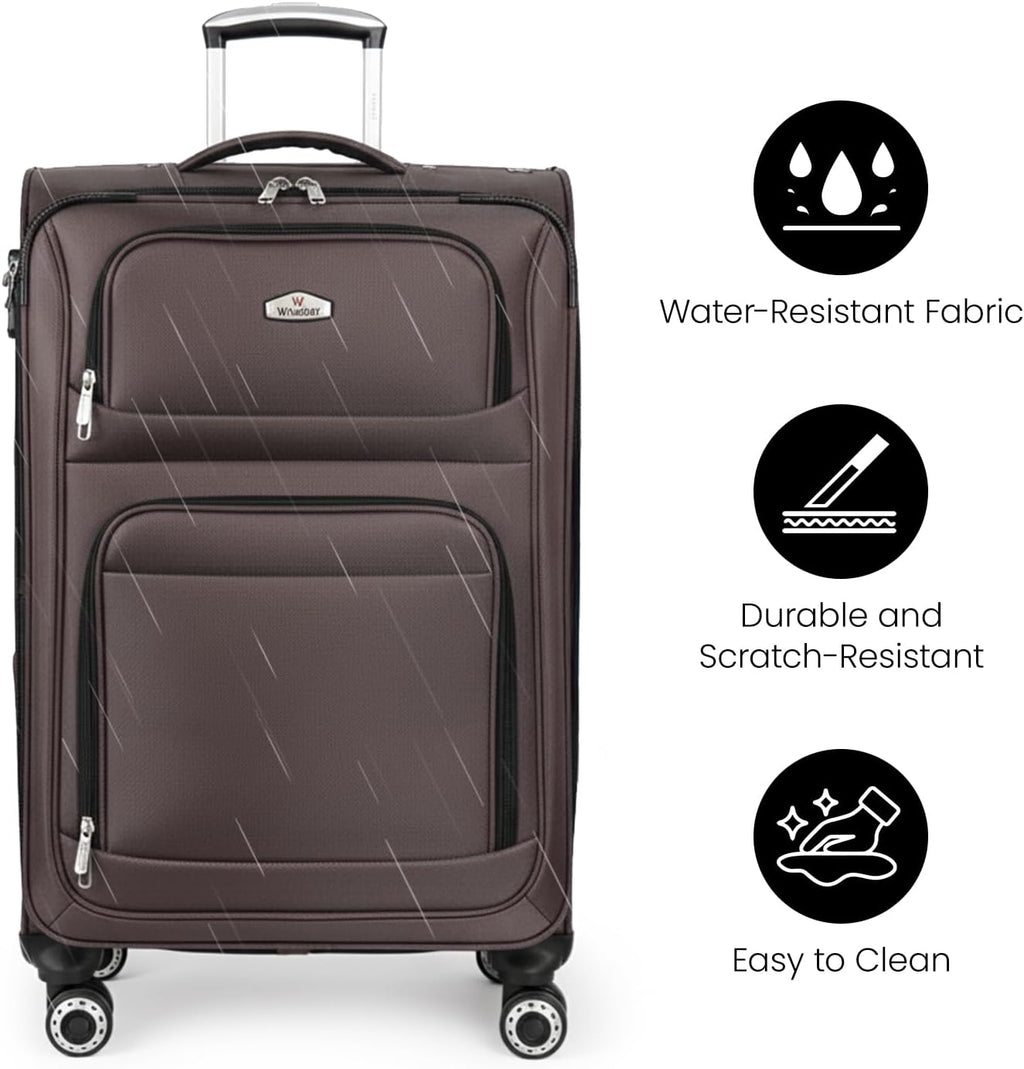 Softside Luggage Sets 3 Piece,Expandable Lightweight Durable Suitcase Sets Double Spinner Wheels w/Combination LOCK （20''/26''/30''）#Coffee