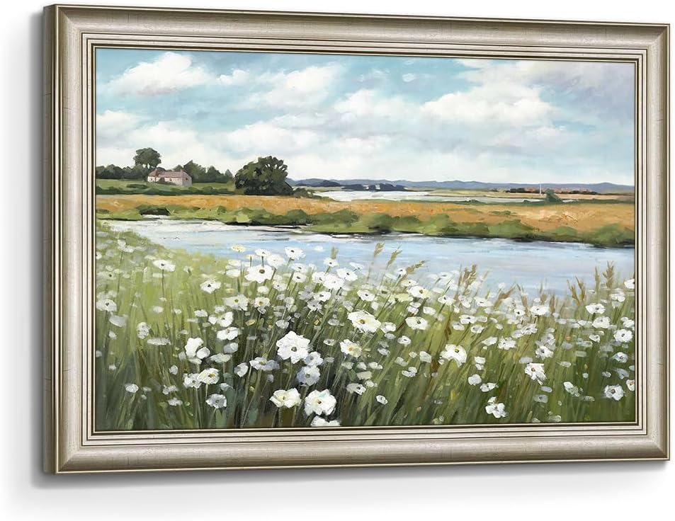Lake Canvas Wall Art Framed: Flower Landscape Painting Picture Artwork Hand Painted Nature Scenery Print Decor for Living Room Bedroom Home Decoration