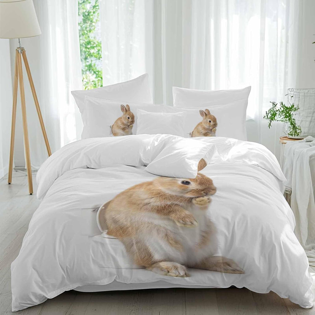 Rabbit Sitting on The Toilet Thinking Duvet Cover Set Queen Size 4 Pieces Abstract Funny Animal Bedding Set with Zipper Closure, 1 Comforter Cover 86x86 Inches 1 Flat Sheet & 2 Pillow Cases