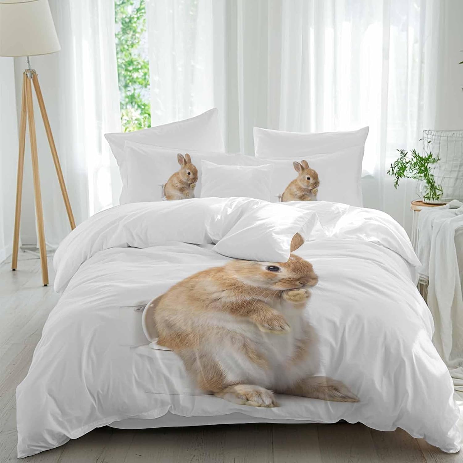 Rabbit Sitting on The Toilet Thinking Duvet Cover Set Queen Size 4 Pieces Abstract Funny Animal Bedding Set with Zipper Closure, 1 Comforter Cover 86x86 Inches 1 Flat Sheet & 2 Pillow Cases