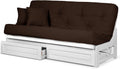 Nirvana Futons Arden White Futon with Storage Drawers Queen Size - Minimalist Armless Design with 8 Inch Comfortable Mattress Included (Microfiber Sussex Fudge), Sofa Bed Available in