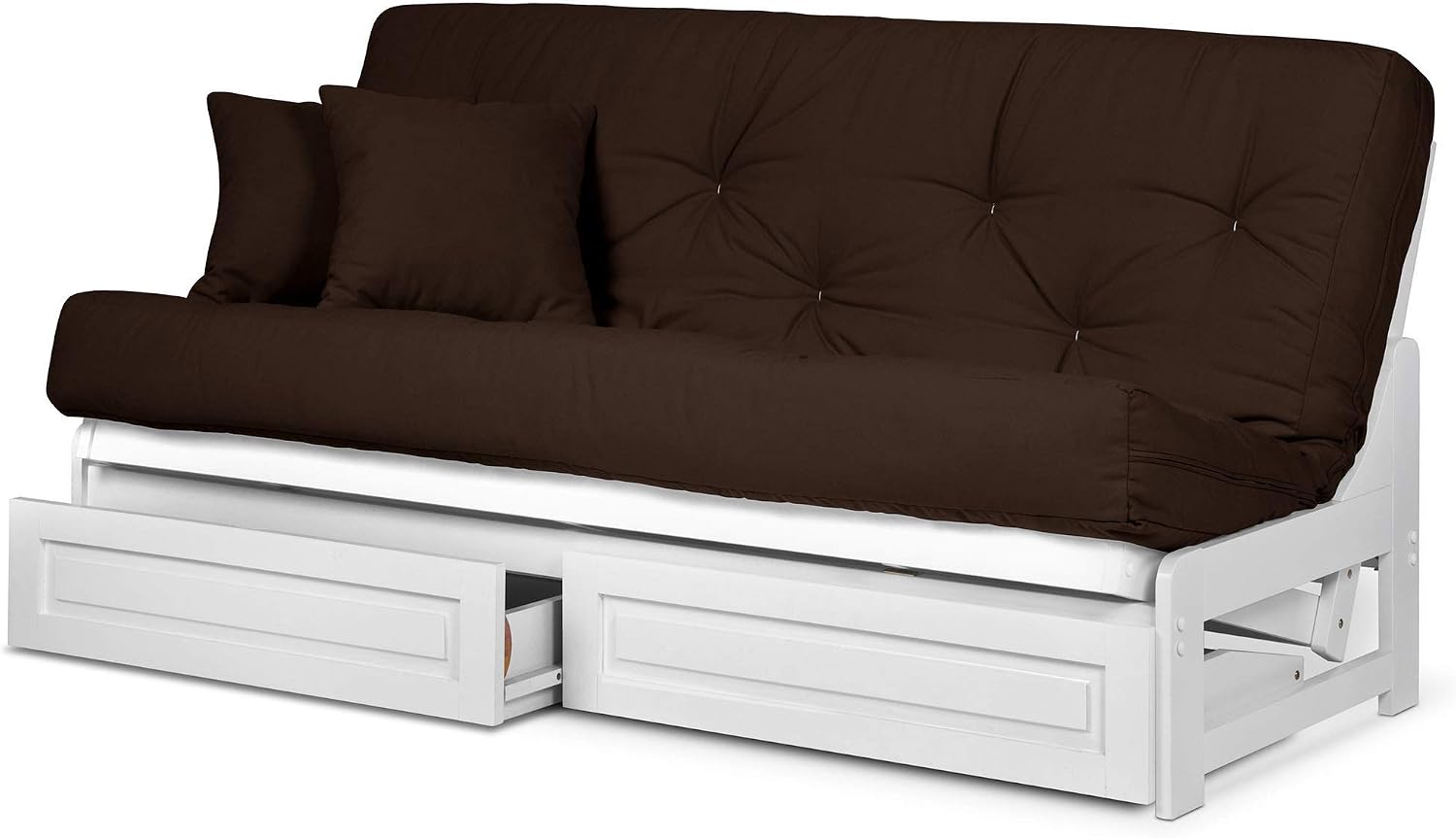 Nirvana Futons Arden White Futon with Storage Drawers Queen Size - Minimalist Armless Design with 8 Inch Comfortable Mattress Included (Microfiber Sussex Fudge), Sofa Bed Available in