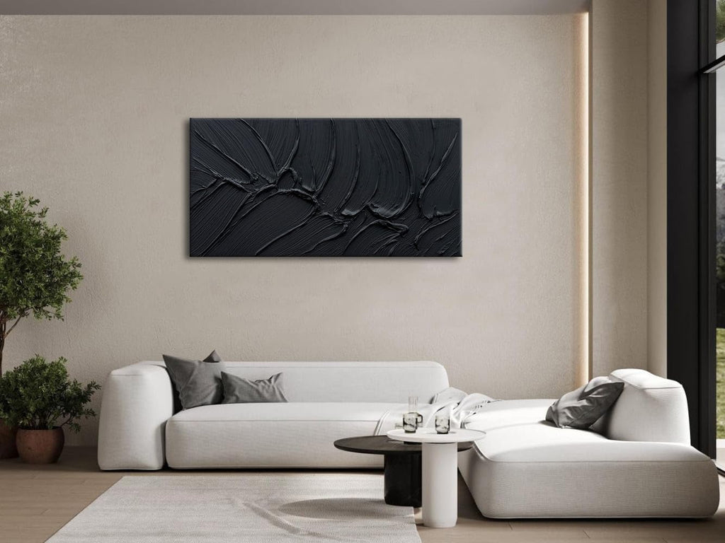 zoinart Hand Painted Thick Texture Black Minimalist Oil Painting Modern Contemporary Art 24x48 Inches Oil on Canvas Abstract Black Textured Wall Art Home Decoration