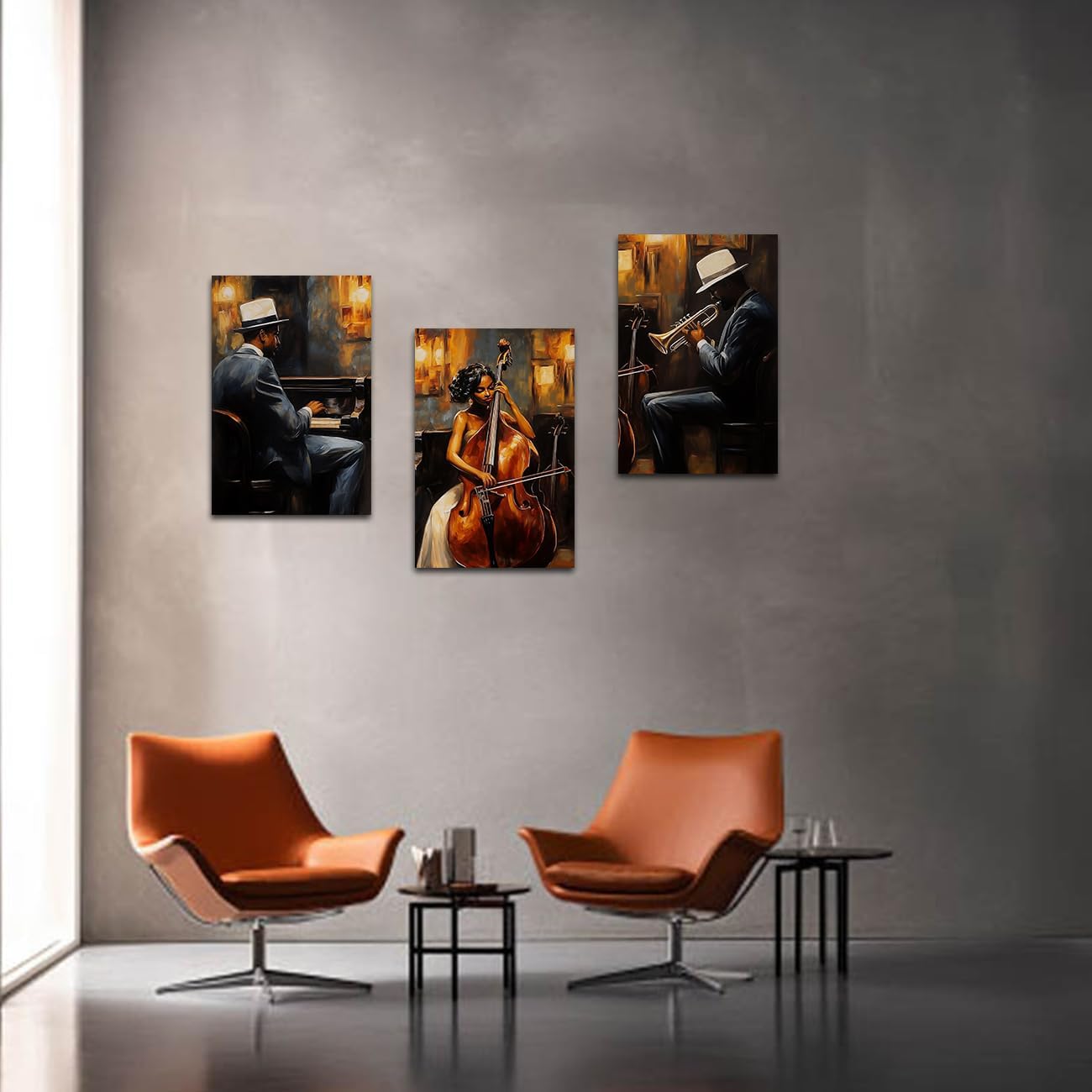 LZIMU Jazz Wall Art Abstract Black Music Picture African American Music Canvas Prints Vintage Jazz Band Painting for Musical Club Classroom Decor Framed (Brown, 24.00' x 36.00' x 3PCS)