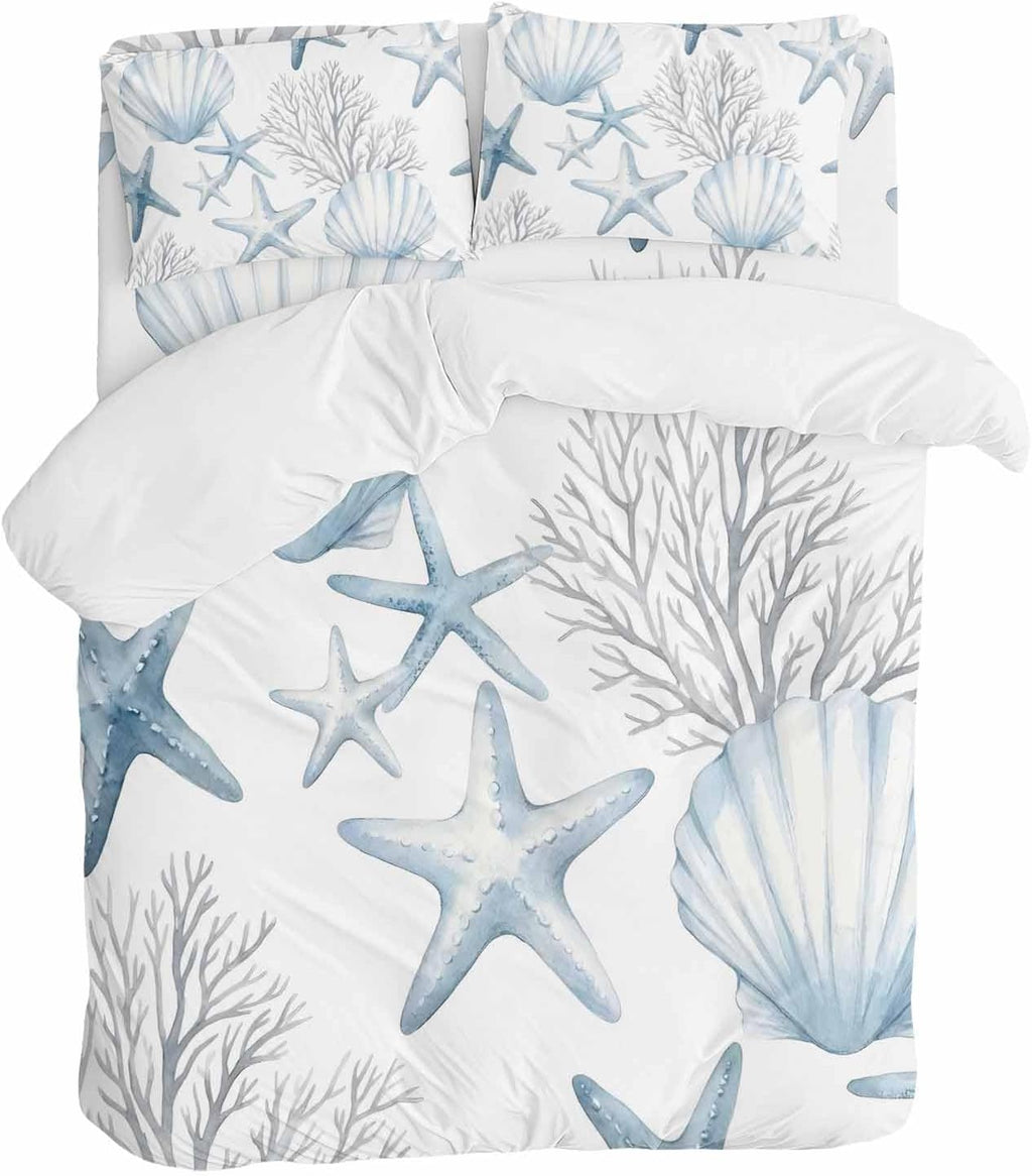Summer Ocean Shell Duvet Cover Set Queen Size 4 Pieces Nautical Watercolor Blue Starfish Seashell Coral Bedding Set with Zipper Closure, 1 Comforter Cover 86x86 Inches 1 Flat Sheet & 2 Pillow Cases