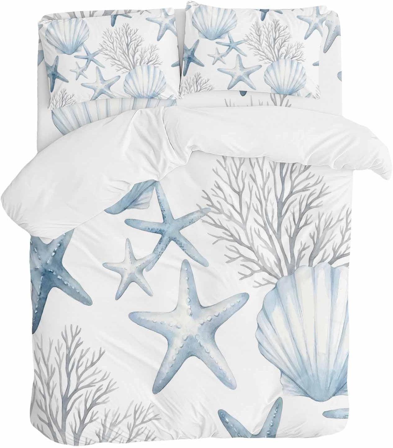 Summer Ocean Shell Duvet Cover Set Queen Size 4 Pieces Nautical Watercolor Blue Starfish Seashell Coral Bedding Set with Zipper Closure, 1 Comforter Cover 86x86 Inches 1 Flat Sheet & 2 Pillow Cases
