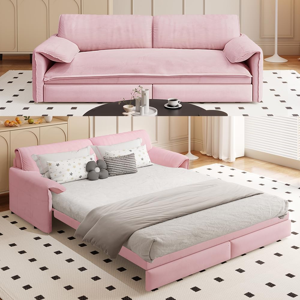 WILLIAMSPACE 66' Queen Pull Out Sofa Bed, 3-in-1 Velvet Convertible Sleeper Sofa Couch with Side Storage, Multi-Functional Loveseat Bed Pull Out Couch for Living Room, Apartment (Pink)