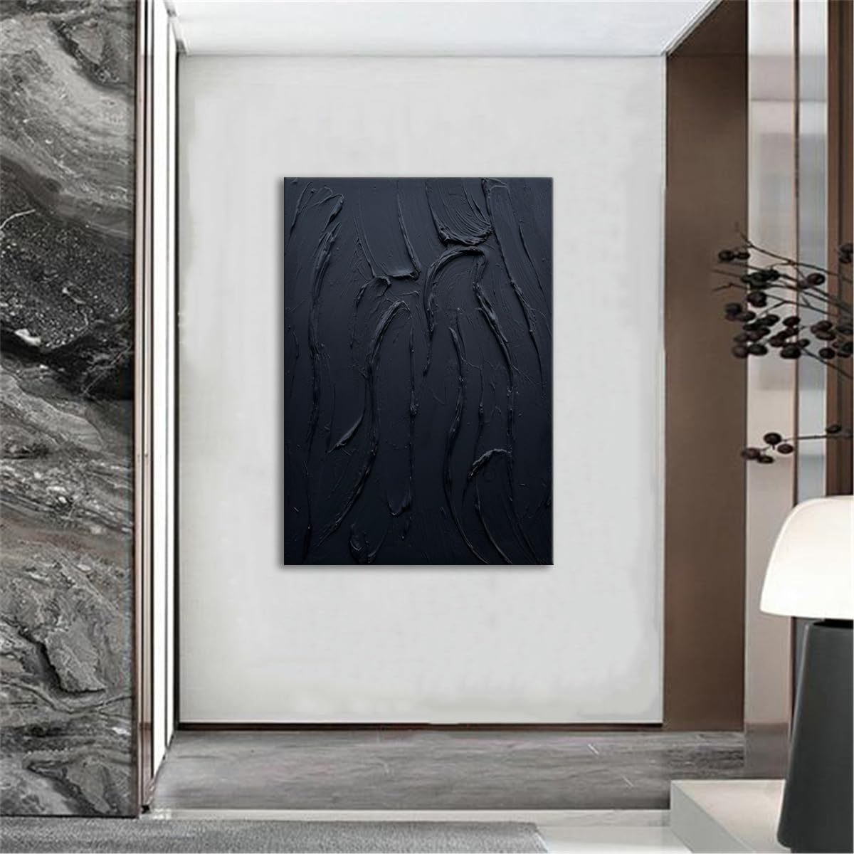 zoinart Hand Painted Large Thick Texture Black Minimalist Oil Paintings Contemporary Art Oil on Canvas Vertical Wall Art Home Office Corridor Wall Art
