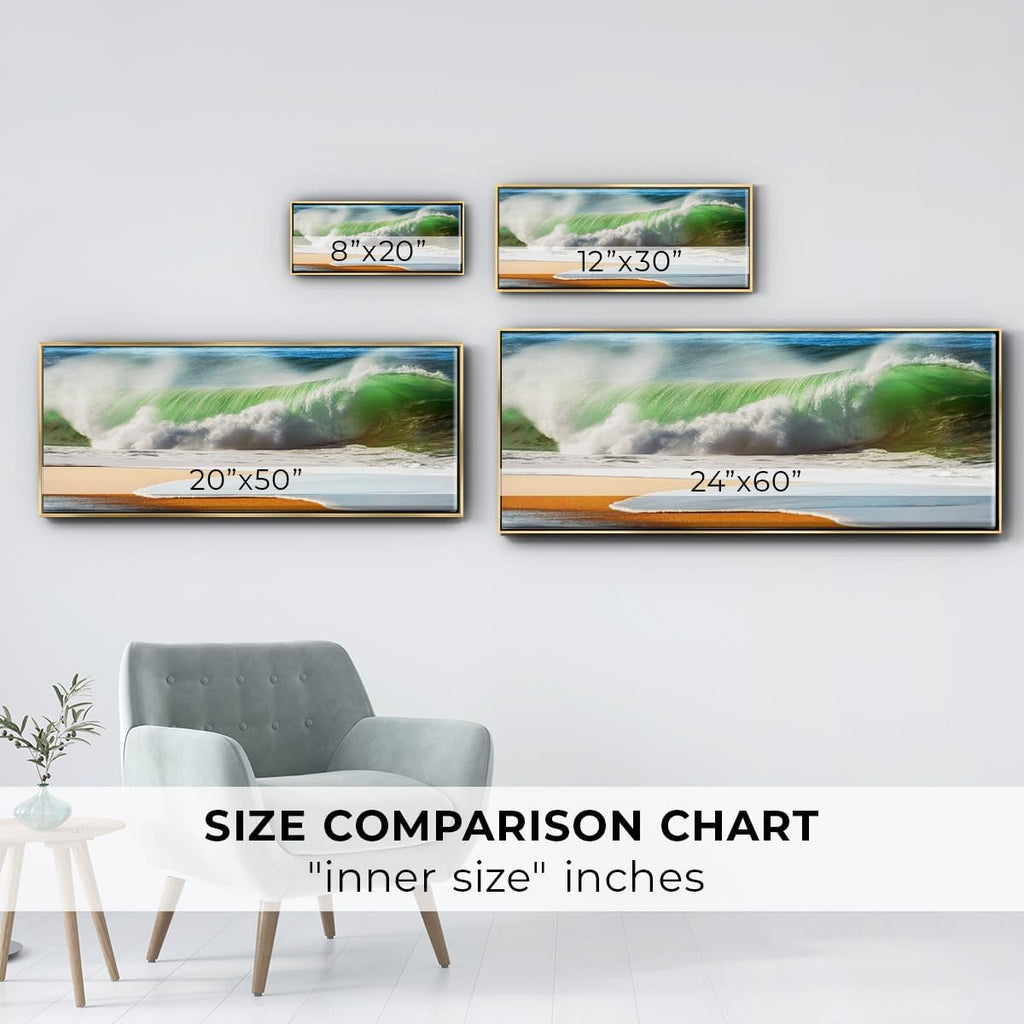 Renditions Gallery Floater Framed Home Decor Green Ocean Waves Painting Canvas Wall Hangings for Office Bedroom Kitchen Lobby - 24'x60' Gold Frame LT618