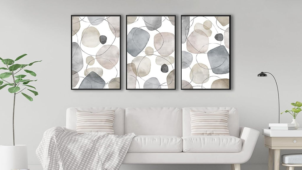 Large Abstract Canvas Wall Art - Geometric Framed Wall Decor Modern Circles and Lines Paintings Light Colors Minimalist Pictures for Living Room Bedroom Office Bathroom 24' X 36' X 3 Panels