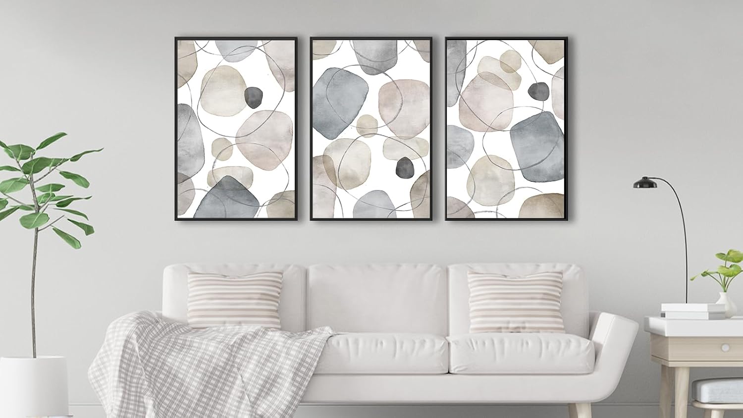 Large Abstract Canvas Wall Art - Geometric Framed Wall Decor Modern Circles and Lines Paintings Light Colors Minimalist Pictures for Living Room Bedroom Office Bathroom 24' X 36' X 3 Panels