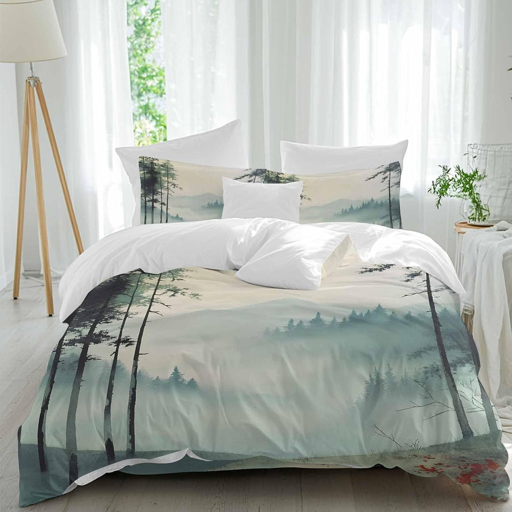 Prime Leader Forest Mountain Landscape Duvet Cover Set Queen Size 4 Pieces Foggy Retro Watercolor Bedding Set with Zipper Closure, 1 Comforter Cover 90x92 Inches 1 Flat Sheet & 2 Pillow Cases