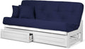 Nirvana Futons Arden White Futon with Storage Drawers Queen Size - Minimalist Armless Design with 8 Inch Comfortable Mattress (Twill Navy Blue), Sofa Bed Available in