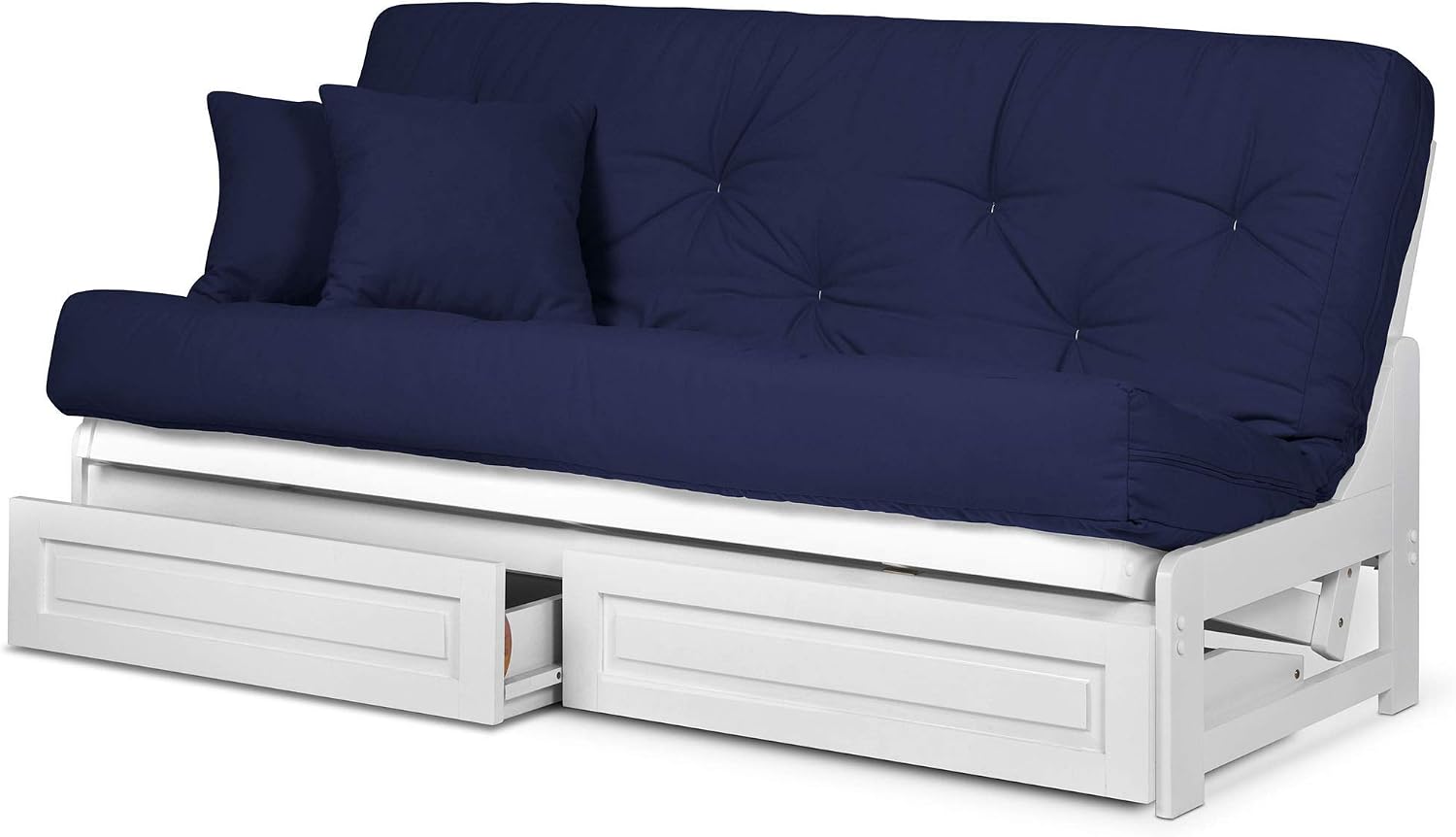 Nirvana Futons Arden White Futon with Storage Drawers Queen Size - Minimalist Armless Design with 8 Inch Comfortable Mattress (Twill Navy Blue), Sofa Bed Available in