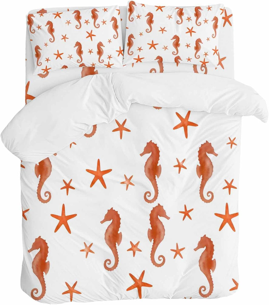 Orange Marine Life Duvet Cover Set Queen Size 4 Pieces Summer Seahorse and Starfish Ocean Theme Bedding Set with Zipper Closure, 1 Comforter Cover 86x86 Inches 1 Flat Sheet & 2 Pillow Cases