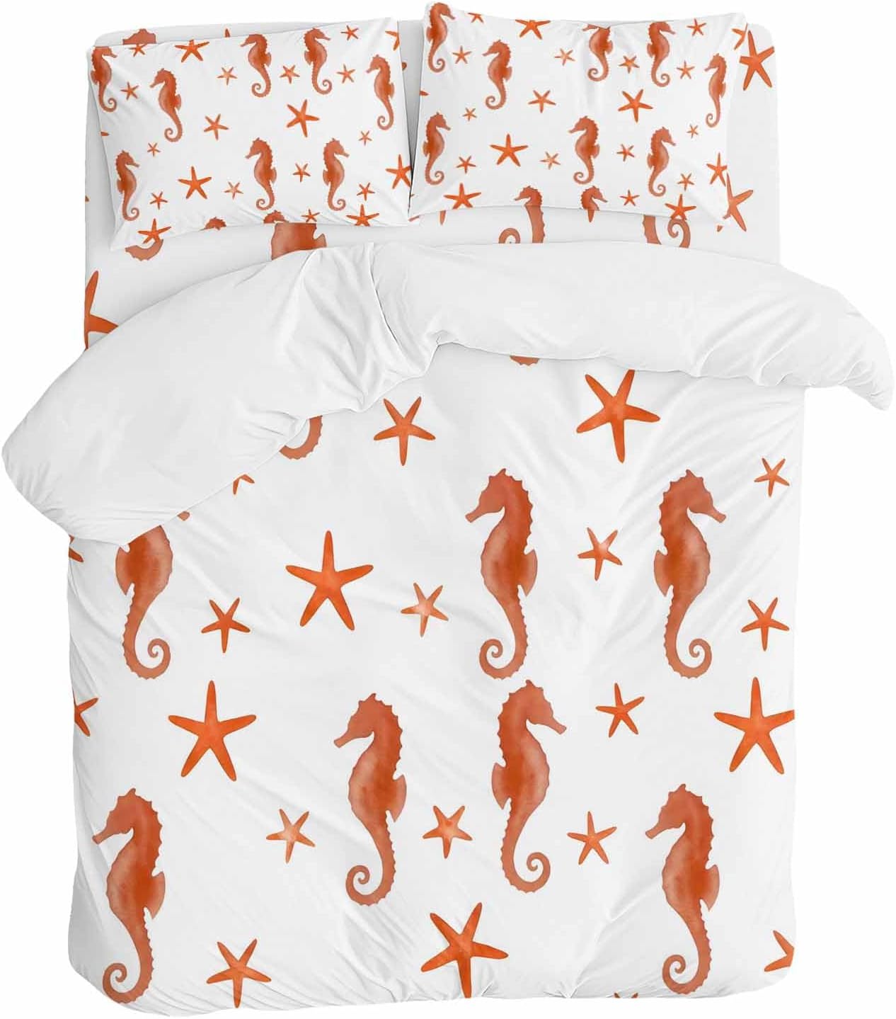 Orange Marine Life Duvet Cover Set Queen Size 4 Pieces Summer Seahorse and Starfish Ocean Theme Bedding Set with Zipper Closure, 1 Comforter Cover 90x92 Inches 1 Flat Sheet & 2 Pillow Cases