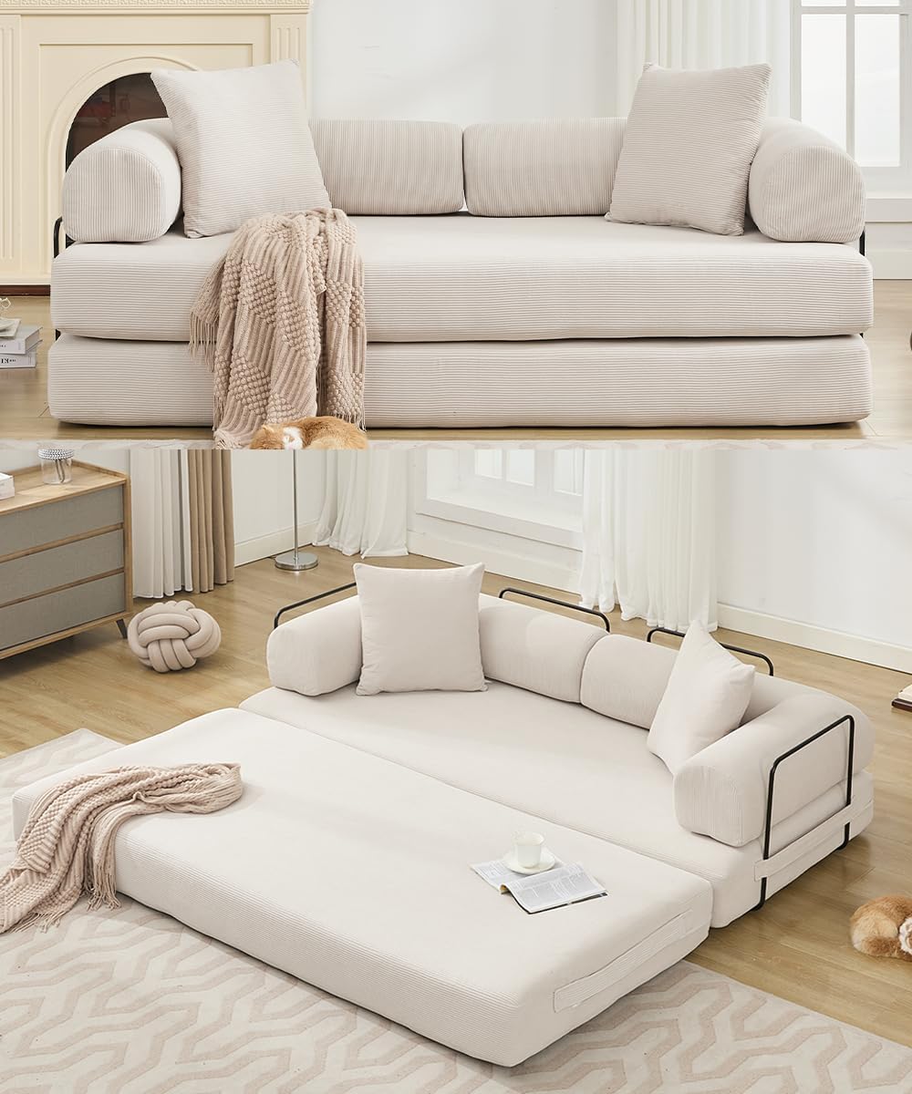 WILLIAMSPACE 78.5' Modern Loveseat Sofa Fold-Out Sofa Bed, Convertible Chair Floor Couch with Removable Backrest, Comfy King Size Sofa Bed for Living Room, Bedroom, Corduroy Fabric (Beige)