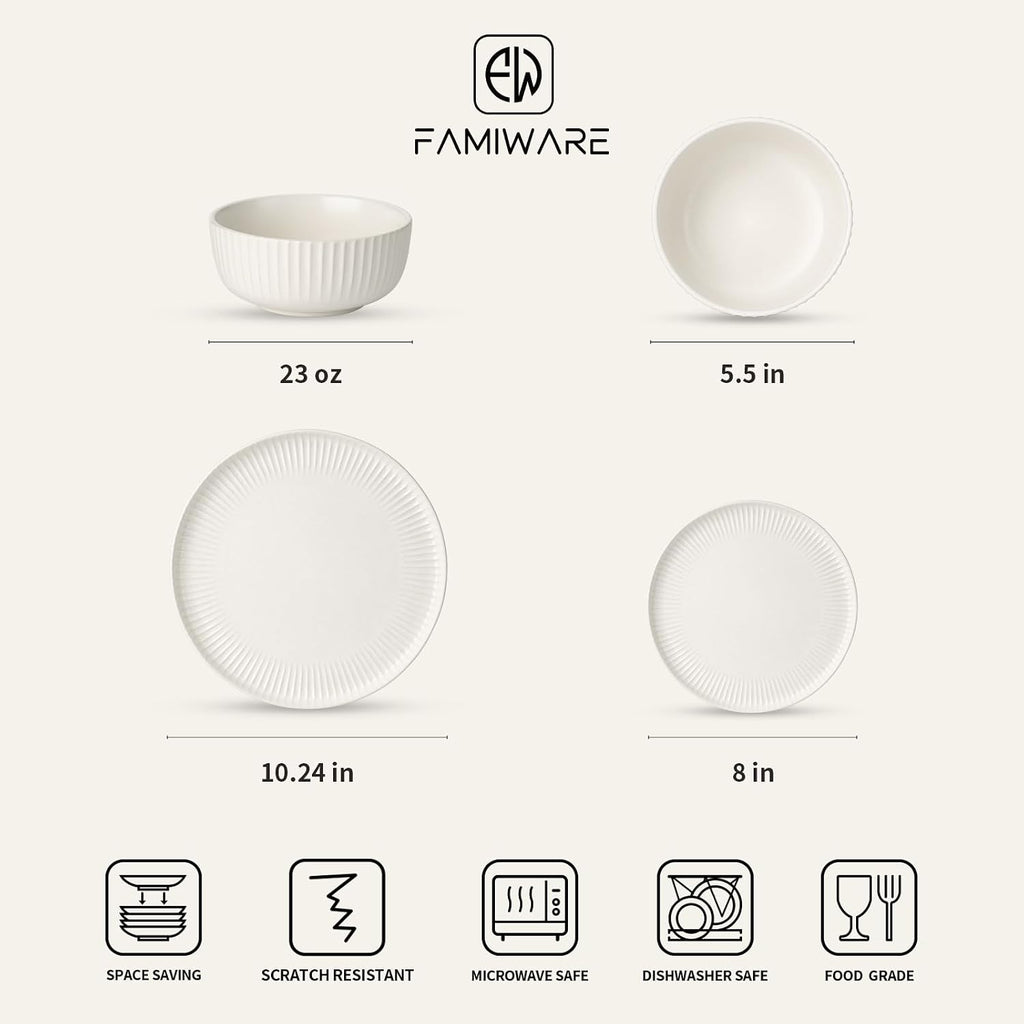 Famiware Starlight 24-Piece Plates and Bowls Sets for 8, Stoneware Dinnerware with Ribbed Textured, Handcrafted Reactive Glaze Dishes - Dishwasher & Microwave Safe, Chip/Scratch Resistant, Matte White