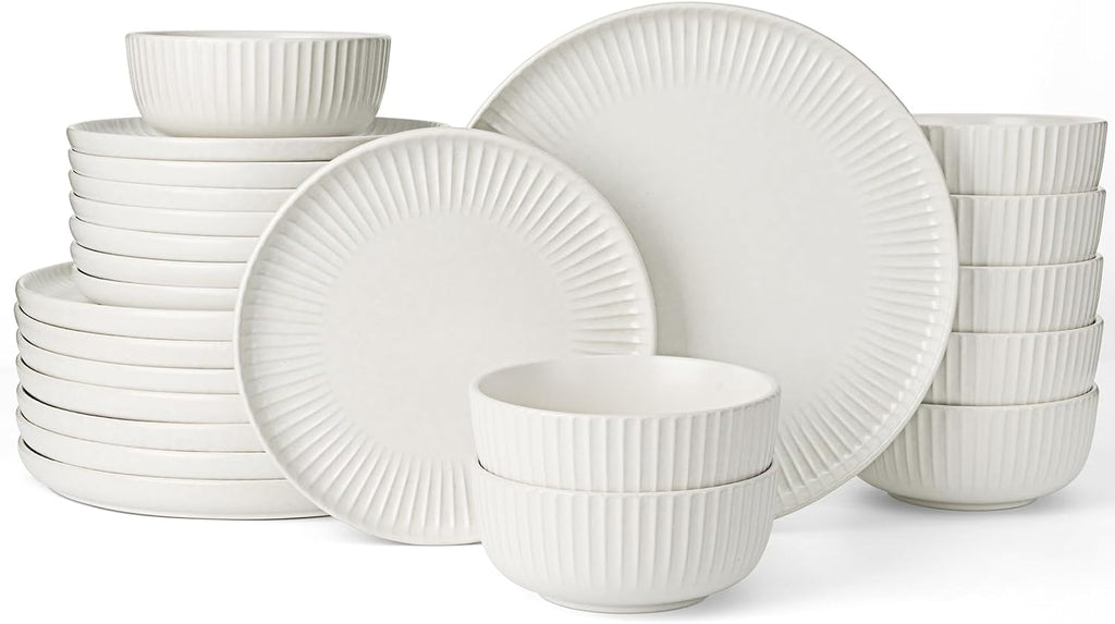 Famiware Starlight 24-Piece Plates and Bowls Sets for 8, Stoneware Dinnerware with Ribbed Textured, Handcrafted Reactive Glaze Dishes - Dishwasher & Microwave Safe, Chip/Scratch Resistant, Matte White