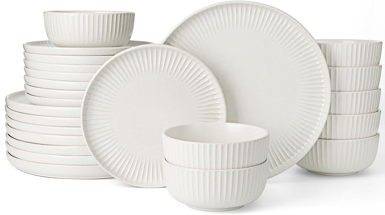Famiware Starlight 24-Piece Plates and Bowls Sets for 8, Stoneware Dinnerware with Ribbed Textured, Handcrafted Reactive Glaze Dishes - Dishwasher & Microwave Safe, Chip/Scratch Resistant, Matte White