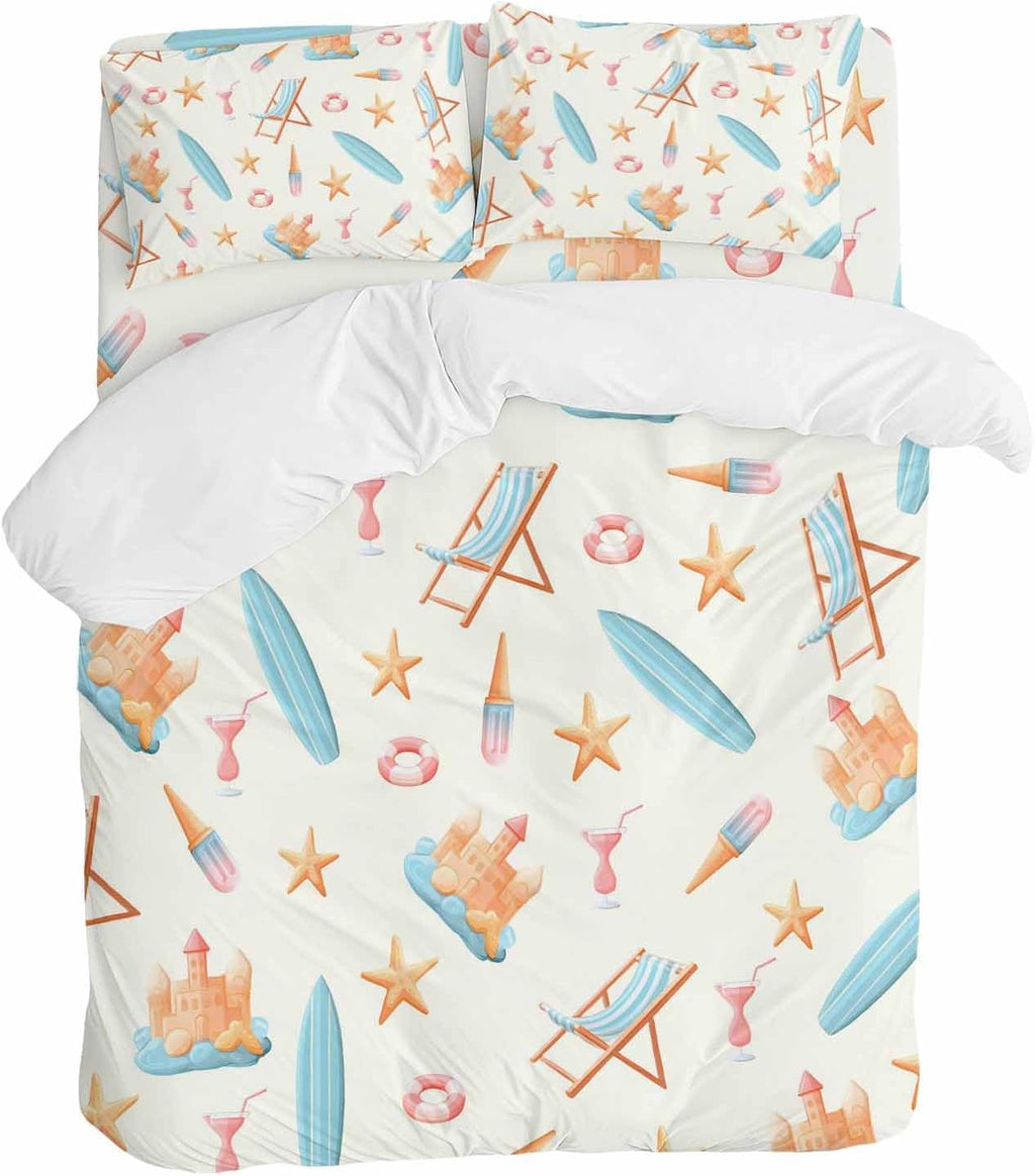 Summer Beach Duvet Cover Set Queen Size 4 Pieces Dreamy Ocean Blue Surfboards Beach Chair Castle Starfish Bedding Set with Zipper Closure, 1 Comforter Cover 92x106 Inches 1 Flat Sheet & 2 Pillow Cases